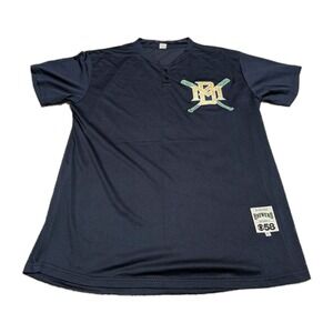 Milwaukee Brewers Baseball Jersey Button Navy Mesh CBS News 58 Promo Mens XL